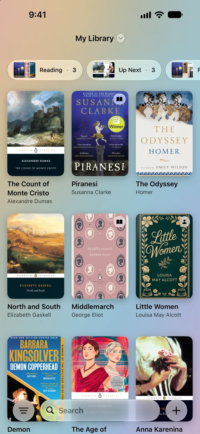 A library of book covers in Volumes on iPhone