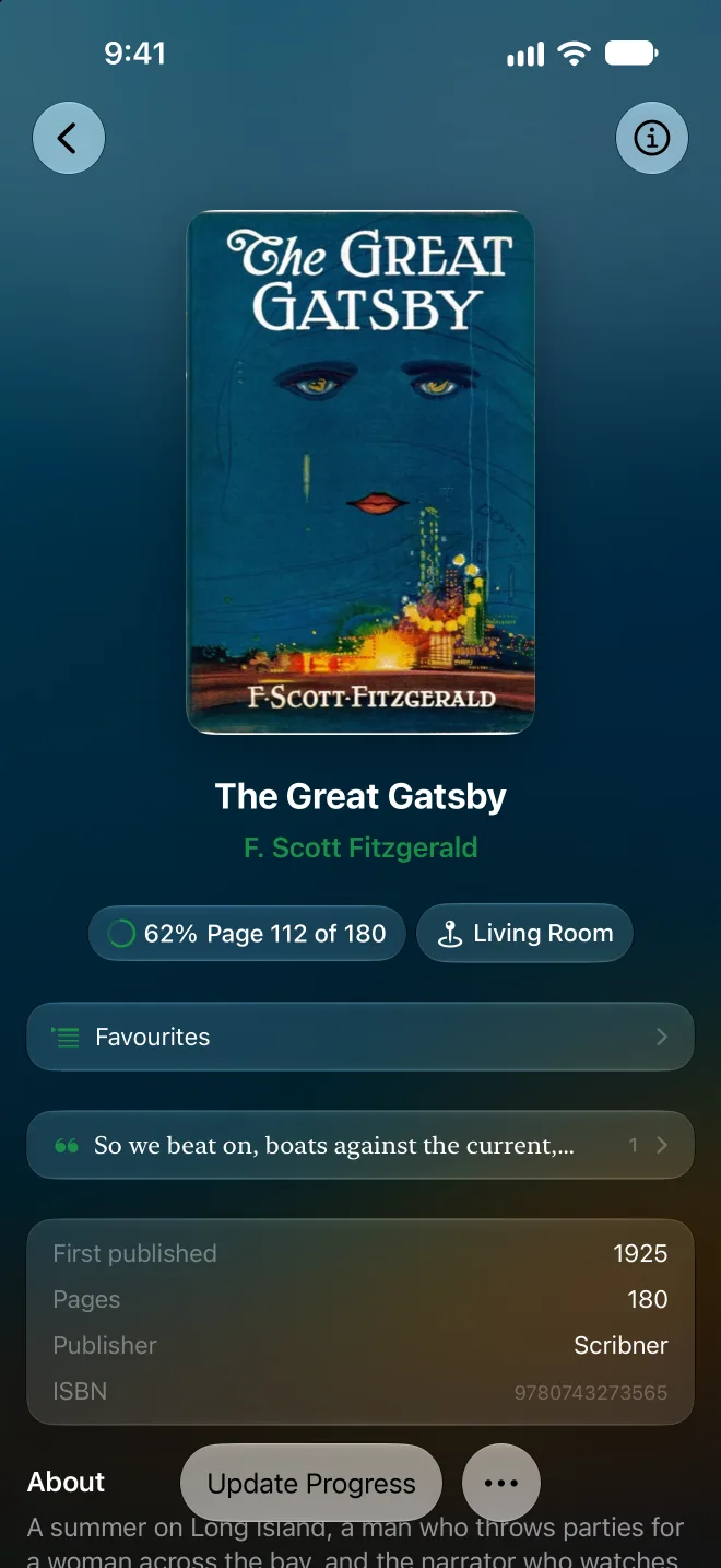 The Great Gatsby in Volumes, 62% read, on the Living Room shelf