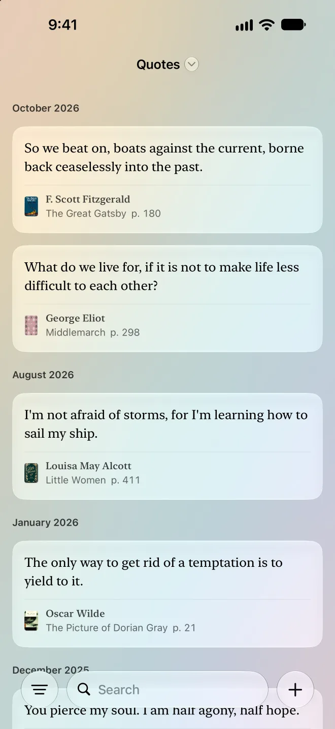 Saved quotes, each with its book and page