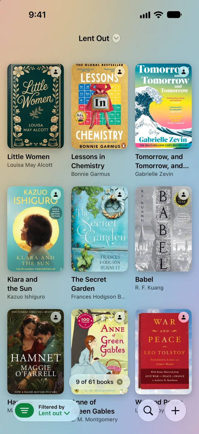 Books currently lent out, each marked with who has it