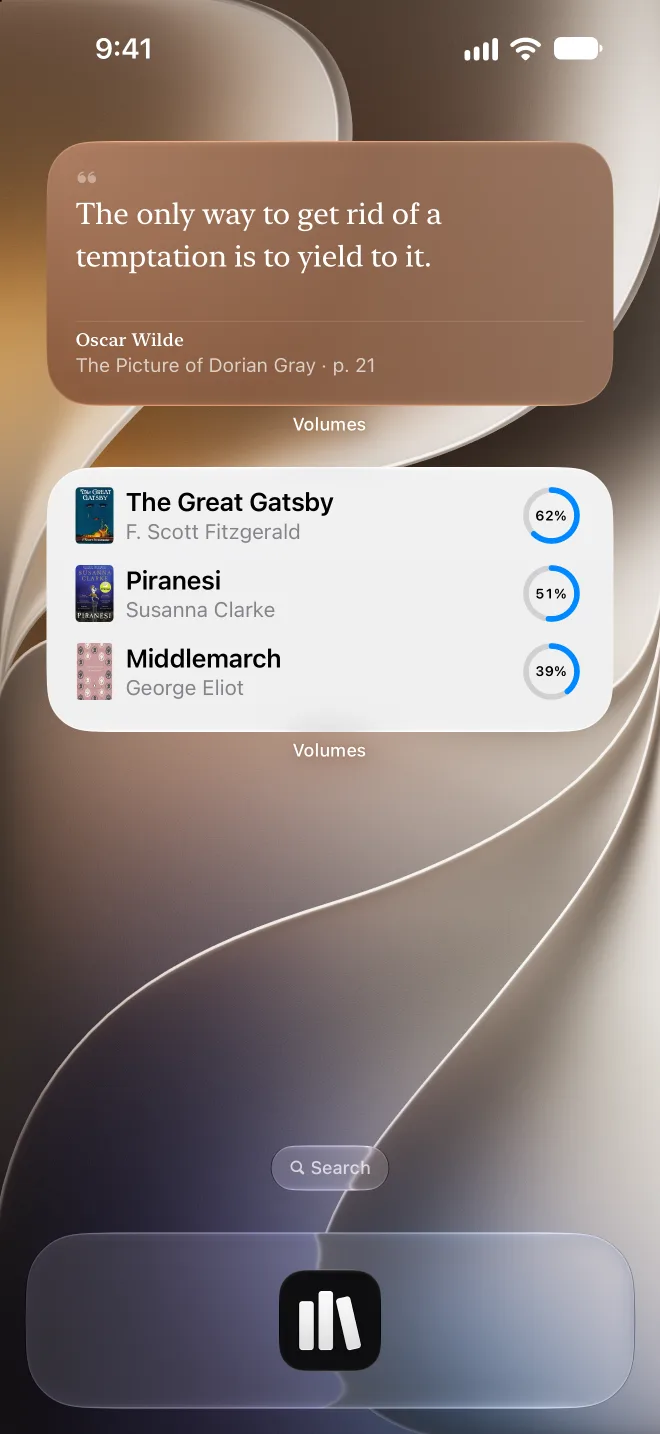 Volumes widgets on the Home Screen: a quote and currently reading