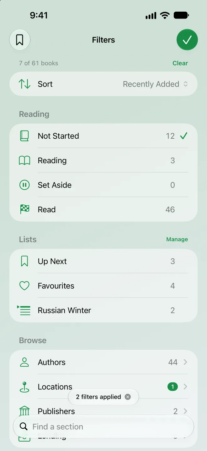Combined filters for reading status, lists and locations