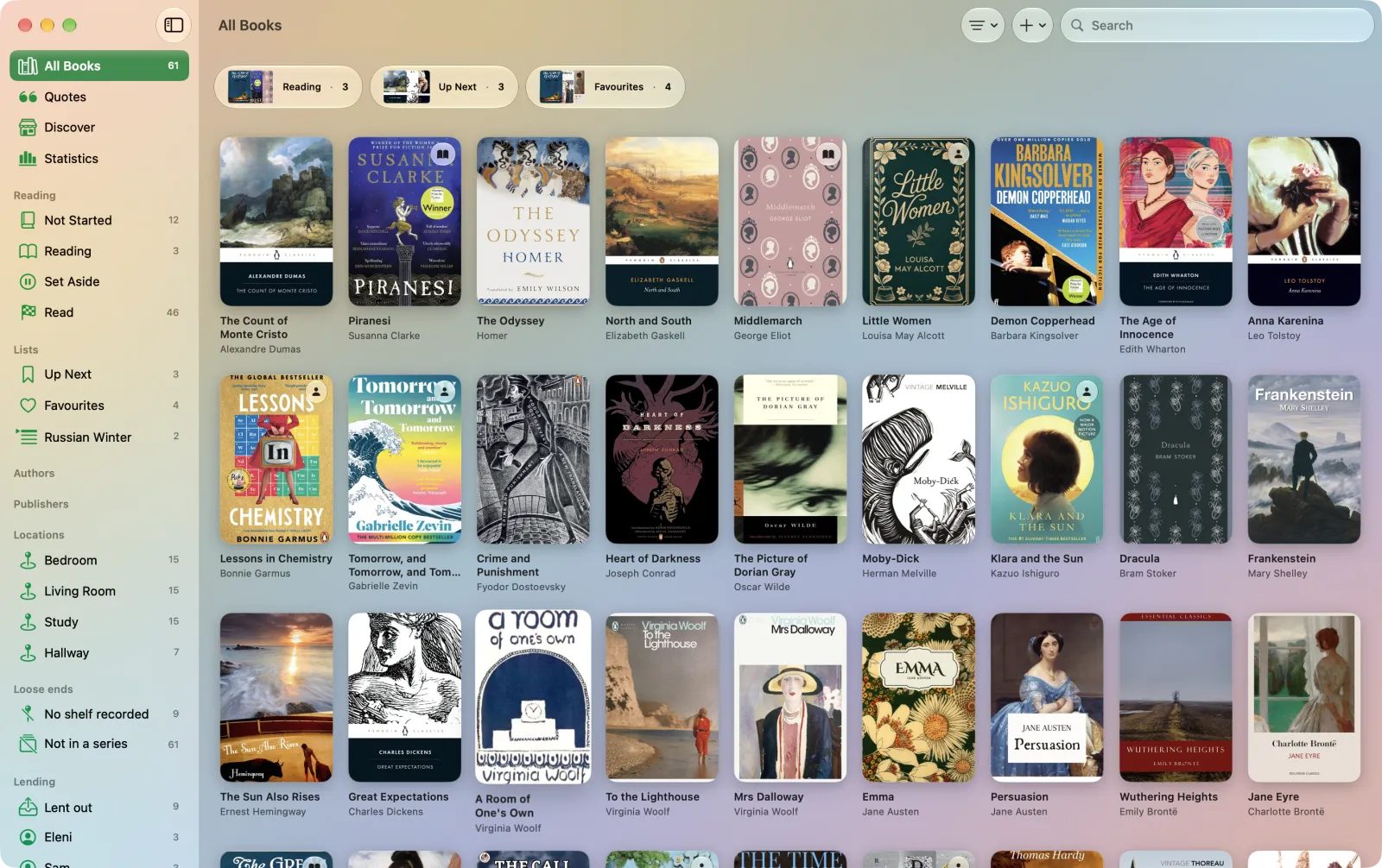Volumes on Mac: a sidebar of shelves, rooms and loans beside a grid of covers